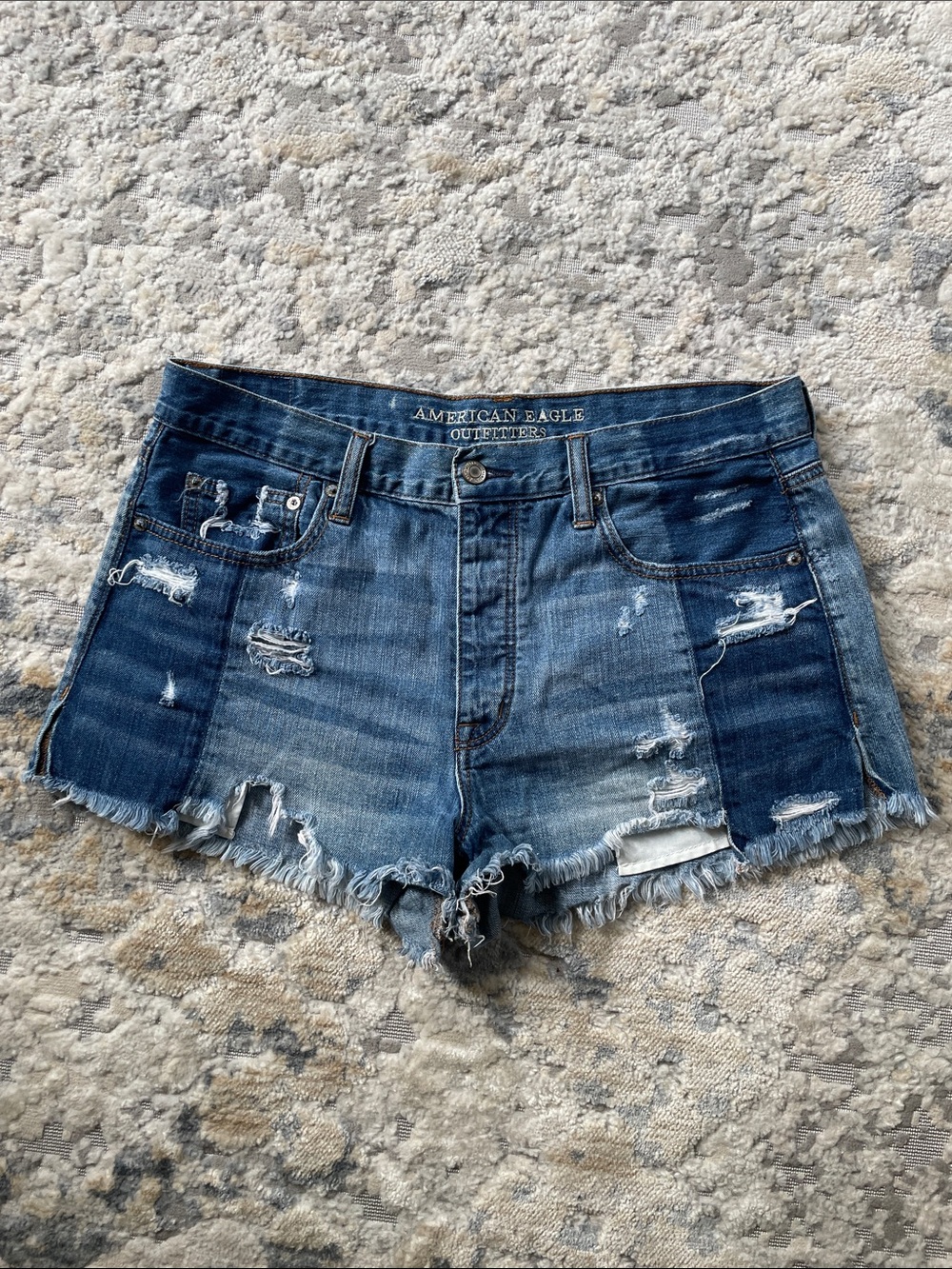 Vintage Hi Rise Festival Two-Tone Distressed Denim Jean Shorts